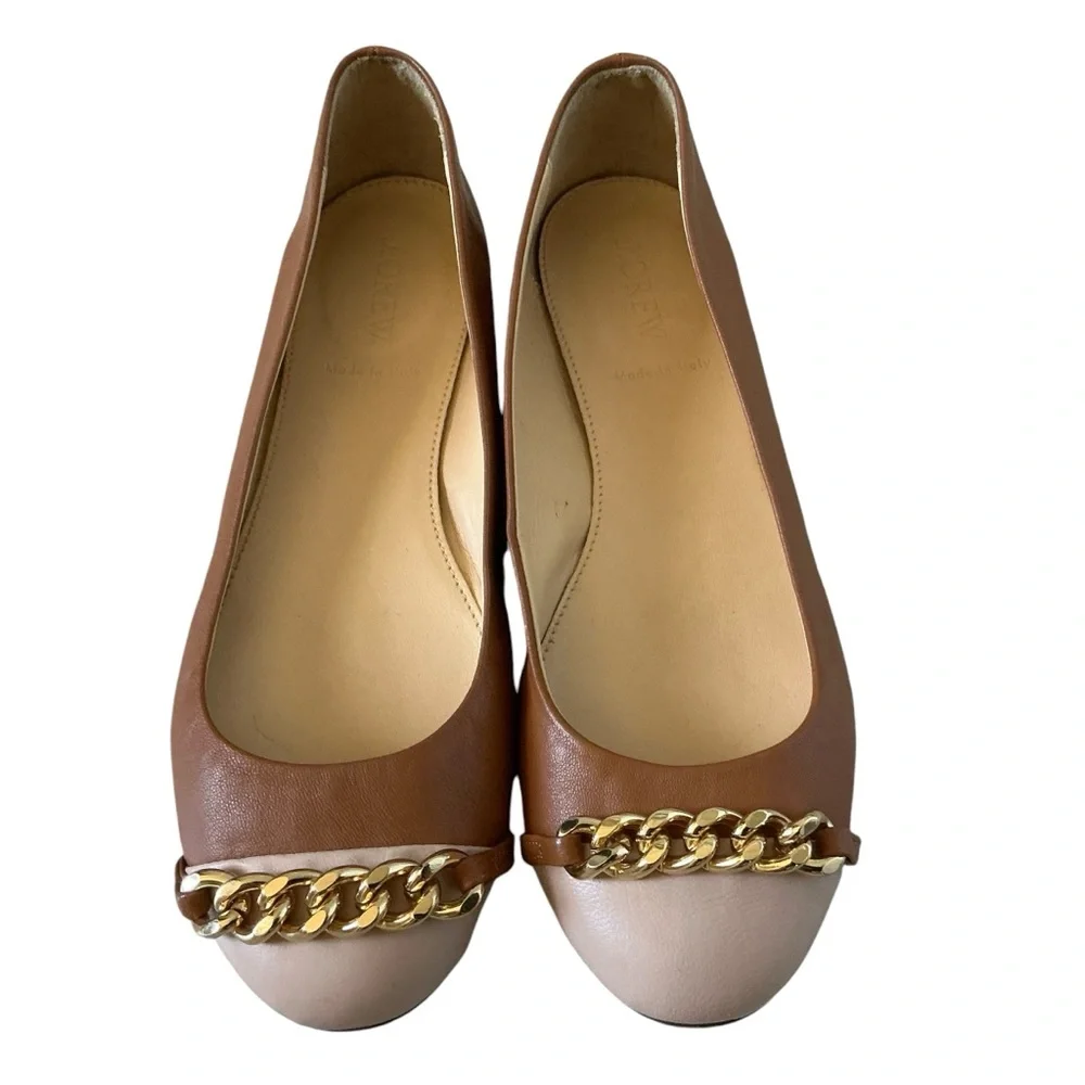 J.crew Nora leather cap toe ballet flat with chain pink & brown Sz 6.5 Italian